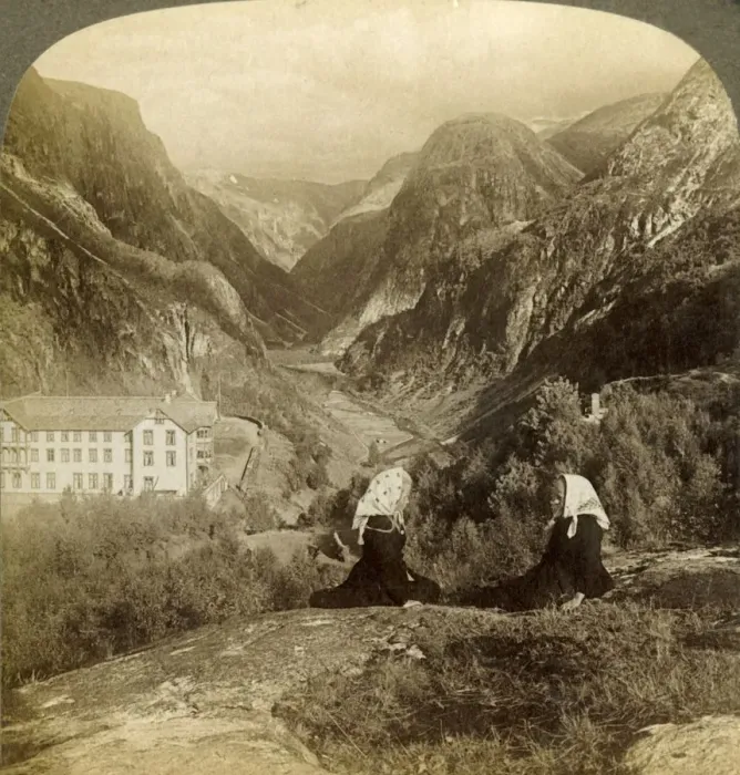 Framed Print : Stalheims Hotel, and its superb view, through the famous Naerodal, Norway, 1905
