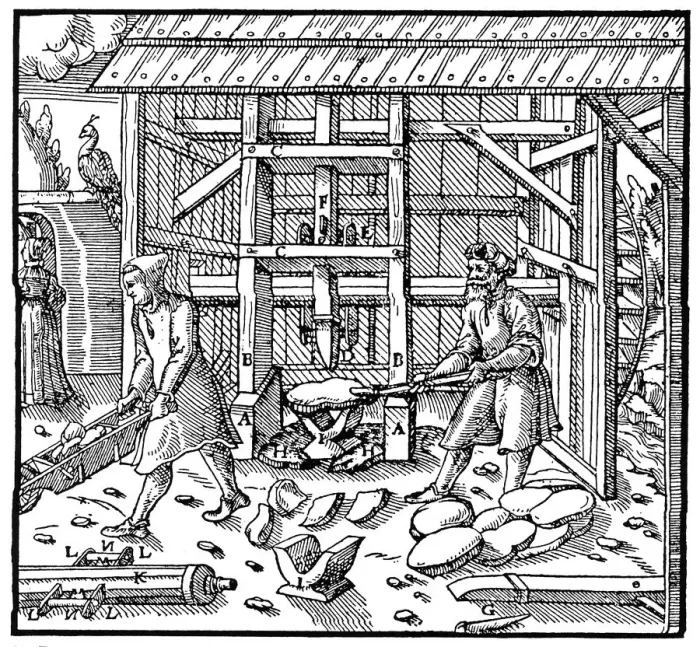 Framed Print : Stamp for breaking copper cupellation cakes for further refining, 1556 Framed Print : Stamp for breaking copper cupellation cakes for further refining, 1556