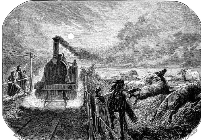 Framed Print : Stampede of horses when passing a steam train in the Alsace region, drawing engraved by M Framed Print : Stampede of horses when passing a steam train in the Alsace region, drawing engraved by M