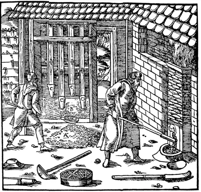Framed Print : Stamping and roasting ore to extract metal, 1556 Framed Print : Stamping and roasting ore to extract metal, 1556