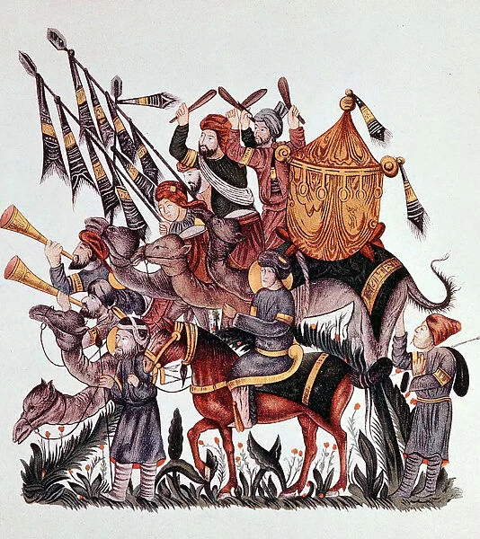 Standard bearers, drummers and trumpeters of a Saracen army, 13th century