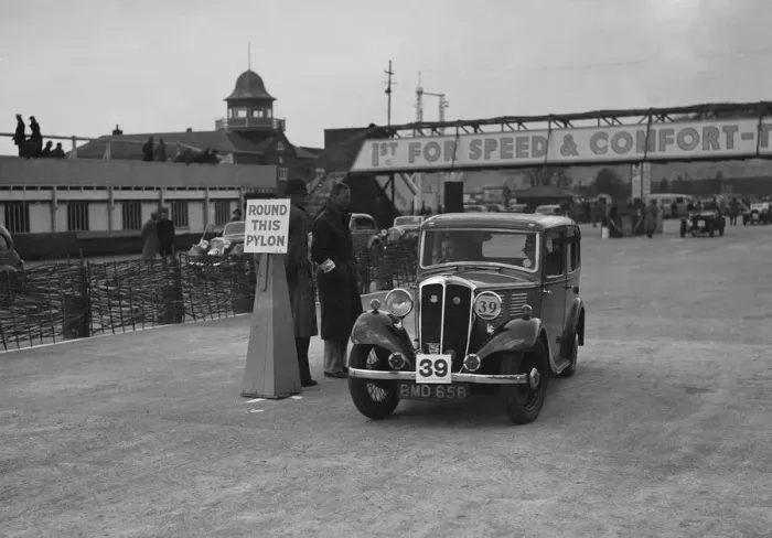 Framed Print : Standard Nine saloon competing in the JCC Rally, Brooklands, Surrey, 1939. Artist: Bill Brunell Framed Print : Standard Nine saloon competing in the JCC Rally, Brooklands, Surrey, 1939. Artist: Bill Brunell