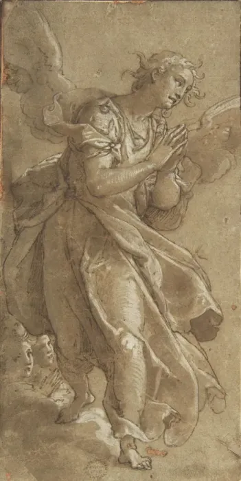 Framed Print : A Standing Angel and two Cherubs, ca. 1566. Creator: Ascribed to Federico Zuccaro Framed Print : A Standing Angel and two Cherubs, ca. 1566. Creator: Ascribed to Federico Zuccaro