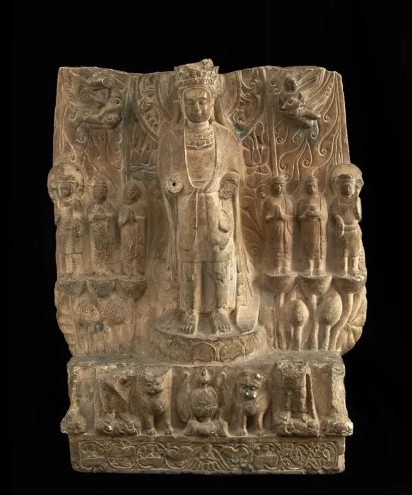 Framed Print : Standing bodhisattva with attendants, Period of Division, 550-577. Creator: Unknown Framed Print : Standing bodhisattva with attendants, Period of Division, 550-577. Creator: Unknown