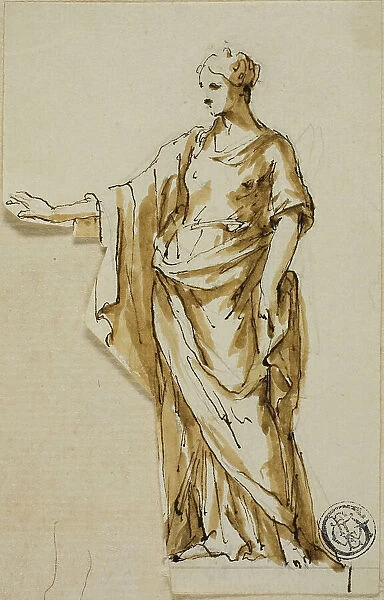 Standing Female Figure with Right Arm Raised, n.d. Creators: John Michael Rysbrack, Sir James Thornhill