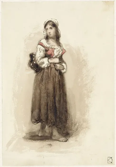 Framed Print : Standing girl carrying a jug on her back, 1841-1857. Creator: Johan Daniel Koelman Framed Print : Standing girl carrying a jug on her back, 1841-1857. Creator: Johan Daniel Koelman
