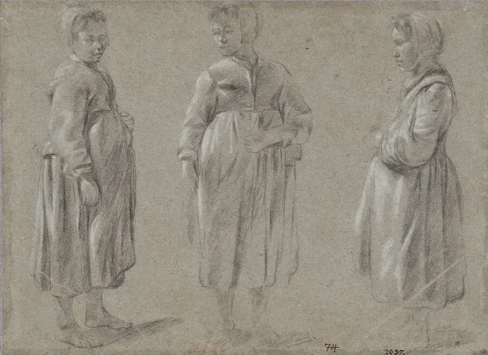 Framed Print : Standing girl, seen from three sides, unknown date. Creator: Anon Framed Print : Standing girl, seen from three sides, unknown date. Creator: Anon