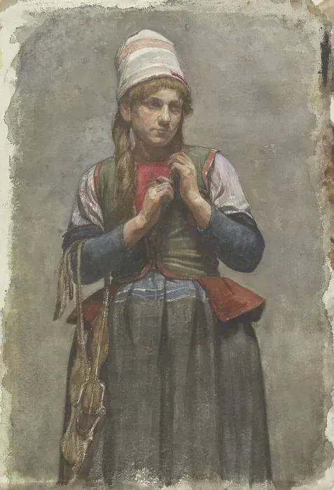 Framed Print : Standing girl in traditional costume with skates, 1874-1925. Creator: Jan Veth Framed Print : Standing girl in traditional costume with skates, 1874-1925. Creator: Jan Veth