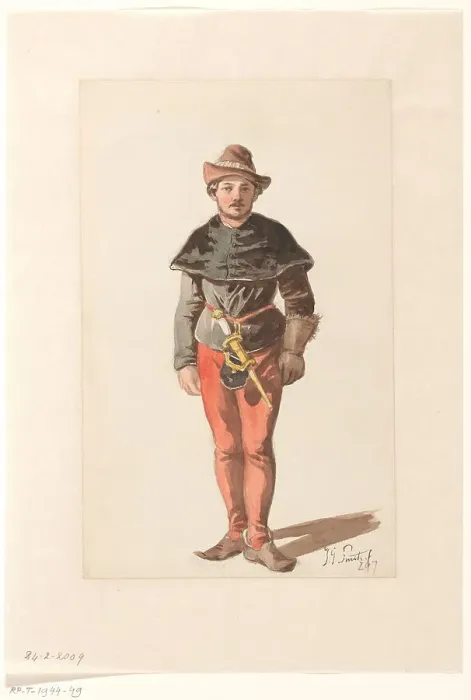 Framed Print : Standing Landsknecht in Burgundian costume, from the front, 1833-1910. Creator: Jan Gerard Smits Framed Print : Standing Landsknecht in Burgundian costume, from the front, 1833-1910. Creator: Jan Gerard Smits
