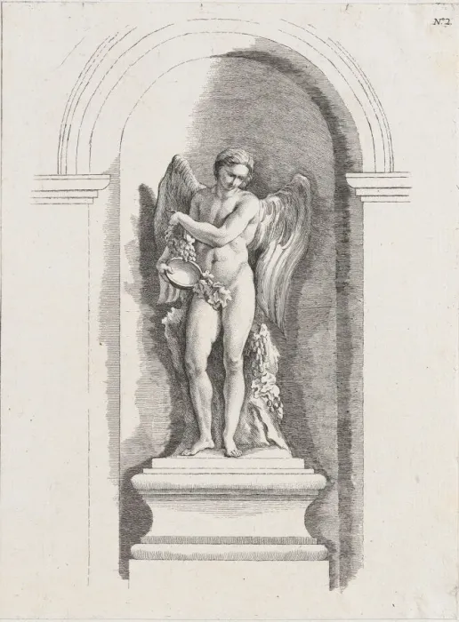 Framed Print : Standing male angel holding an empty bowl and looking down; a... possibly mid to late 18th century. Creator: Anon Framed Print : Standing male angel holding an empty bowl and looking down; a... possibly mid to late 18th century. Creator: Anon
