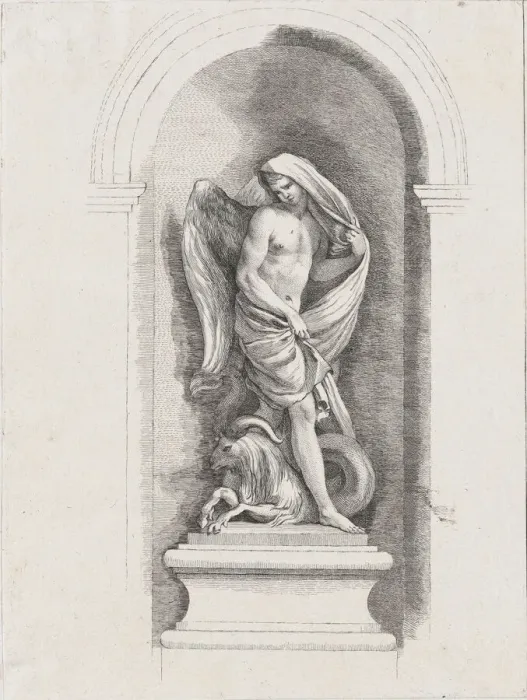 Framed Print : Standing male angel holding drapery and standing over a ram;... possibly mid to late 18th century. Creator: Anon Framed Print : Standing male angel holding drapery and standing over a ram;... possibly mid to late 18th century. Creator: Anon