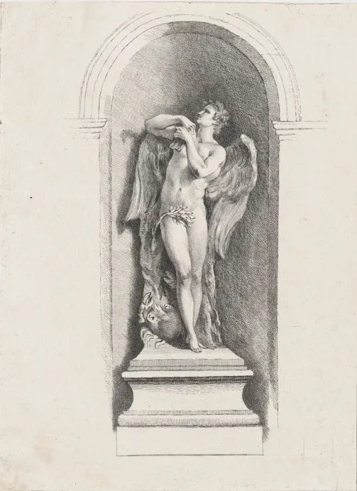 Framed Print : Standing male angel looking up and holding a flute; after Fon... possibly mid to late 18th century. Creator: Anon Framed Print : Standing male angel looking up and holding a flute; after Fon... possibly mid to late 18th century. Creator: Anon