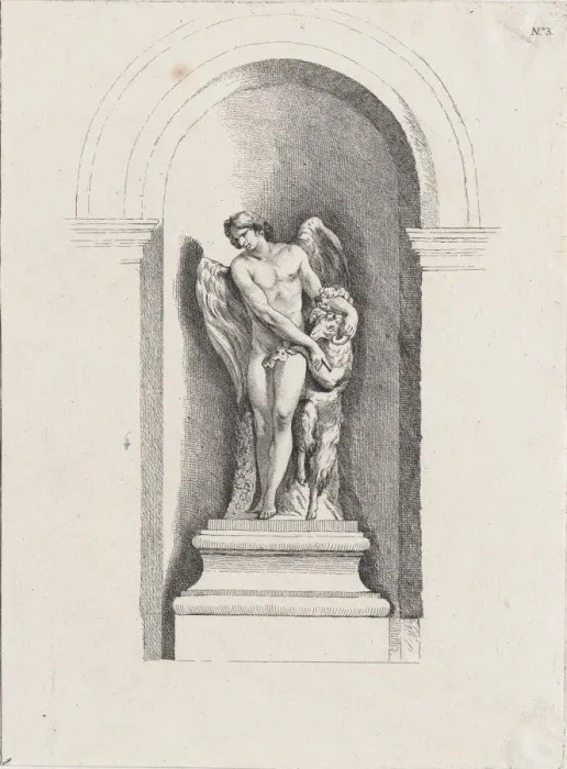 Framed Print : Standing male angel looking down to left and holding a ram; a... possibly mid to late 18th century. Creator: Anon Framed Print : Standing male angel looking down to left and holding a ram; a... possibly mid to late 18th century. Creator: Anon