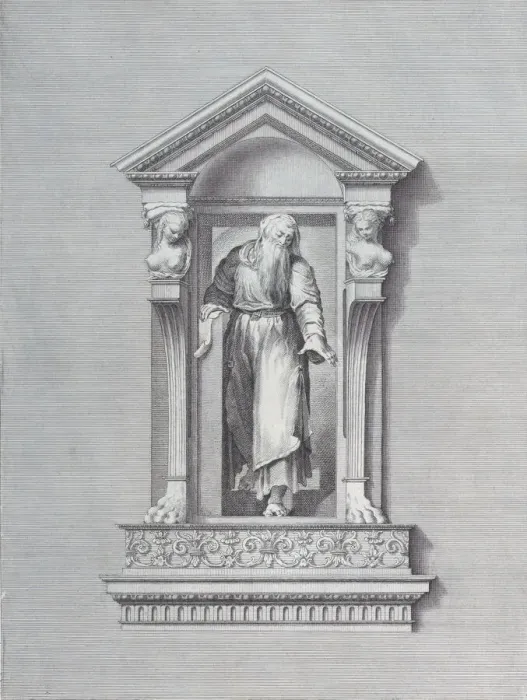 Framed Print : A standing man in a niche reaching forward with one arm, 1756. Creators: Bartolomeo Crivellari, Gabriel Soderling Framed Print : A standing man in a niche reaching forward with one arm, 1756. Creators: Bartolomeo Crivellari, Gabriel Soderling
