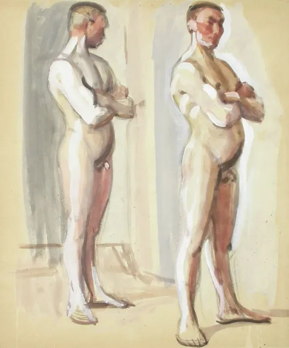 Framed Print : Standing man, two nudes, c1910s. Creator: Verner Thome Framed Print : Standing man, two nudes, c1910s. Creator: Verner Thome
