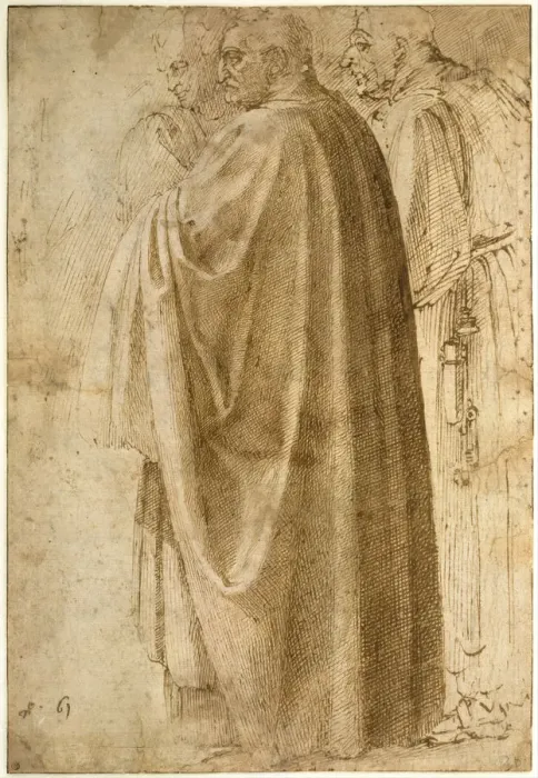 Framed Print : Three Standing Men in Wide Cloaks Turned to the Left, ca 1492-1496. Artist: Buonarroti, Michelangelo (1475-1564) Framed Print : Three Standing Men in Wide Cloaks Turned to the Left, ca 1492-1496. Artist: Buonarroti, Michelangelo (1475-1564)