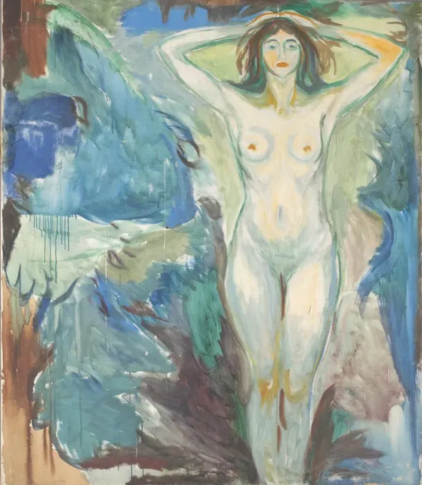 Framed Print : Standing nude against blue background, 1925-1930 Framed Print : Standing nude against blue background, 1925-1930