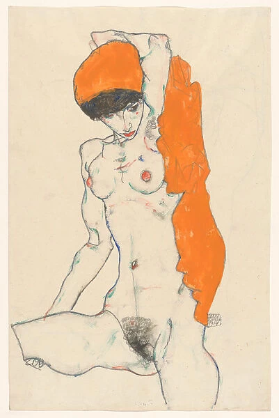 Standing Nude with Orange Drapery, 1914. Creator: Schiele, Egon (1890-1918)