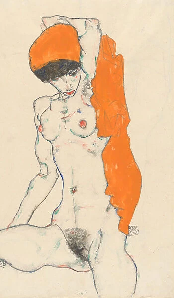 Standing Nude with Orange Drapery (recto): Study of Nude with Arms Raised (verso), 1914