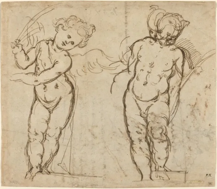 Framed Print : Two Standing Putti [recto]. Creator: Unknown