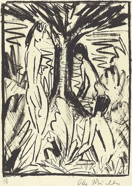 Standing, Sitting, and Bathing Girls near a Tree (Stehende, sitzendes und badendes...), 1920 / 1921. Creator: Otto Mueller