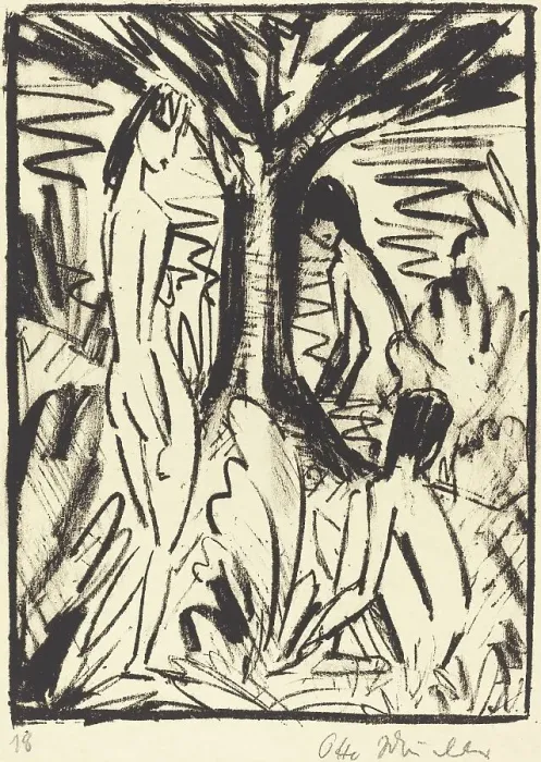 Framed Print : Standing, Sitting, and Bathing Girls near a Tree (Stehende, sitzendes und badendes...), 1920 / 1921. Creator: Otto Mueller Framed Print : Standing, Sitting, and Bathing Girls near a Tree (Stehende, sitzendes und badendes...), 1920 / 1921. Creator: Otto Mueller