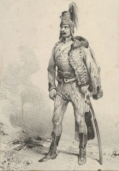 Framed Print : Standing soldier with his jacket on one shoulder, mid-19th century. Creator: Victor Adam