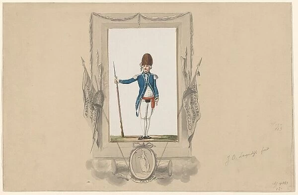Standing soldier in ornamental frame, 1790-1818. Creator: Jan Antony Langendijk