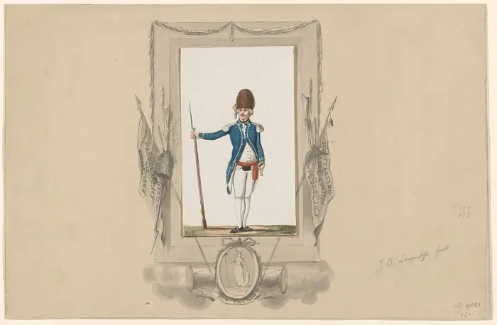 Framed Print : Standing soldier in ornamental frame, 1790-1818. Creator: Jan Antony Langendijk Framed Print : Standing soldier in ornamental frame, 1790-1818. Creator: Jan Antony Langendijk