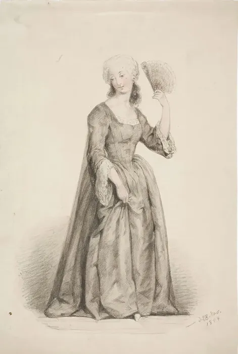 Framed Print : A standing woman in a black dress, her hair powdered and a fan in her hand, 1854. Creator: Karl Anders Ekman Framed Print : A standing woman in a black dress, her hair powdered and a fan in her hand, 1854. Creator: Karl Anders Ekman