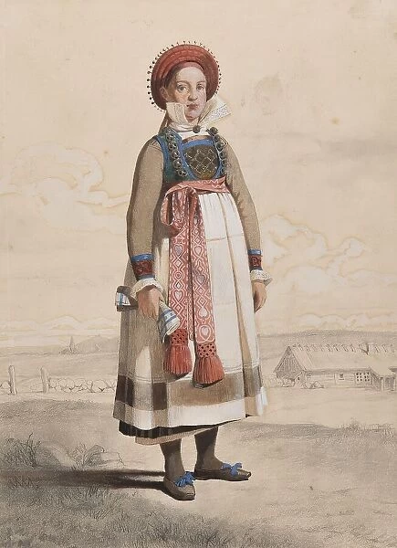 Standing woman in full figure with white apron and woven ribbons, 1810-1857. Creator: Otto Wallgren