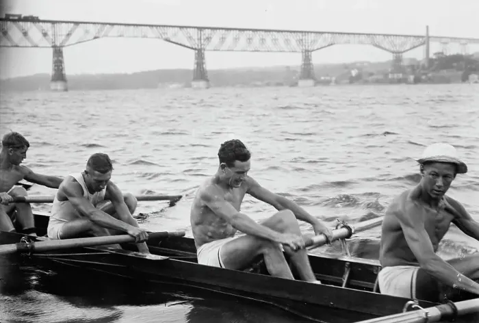 Framed Print : Stanford University crew rowing on Hudson River with Poughkeepsie Bridge... between c1910-c1915. Creator: Bain News Service Framed Print : Stanford University crew rowing on Hudson River with Poughkeepsie Bridge... between c1910-c1915. Creator: Bain News Service