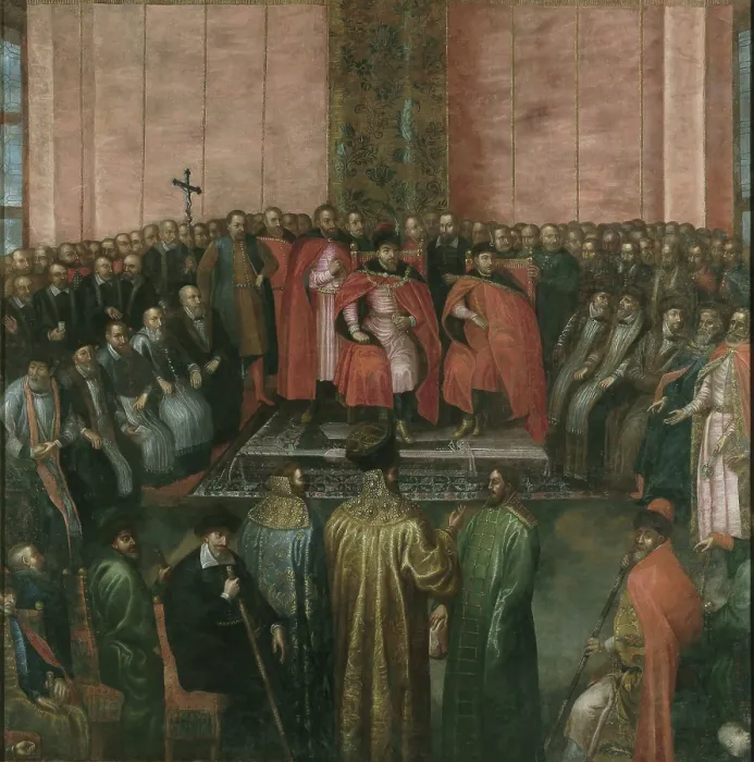 Framed Print : Stanislaw Zolkiewski presents to King Zygmunt III the captured tsar Shuyski, 1611. Creator: Dolabella, Tommaso (1570-1650) Framed Print : Stanislaw Zolkiewski presents to King Zygmunt III the captured tsar Shuyski, 1611. Creator: Dolabella, Tommaso (1570-1650)