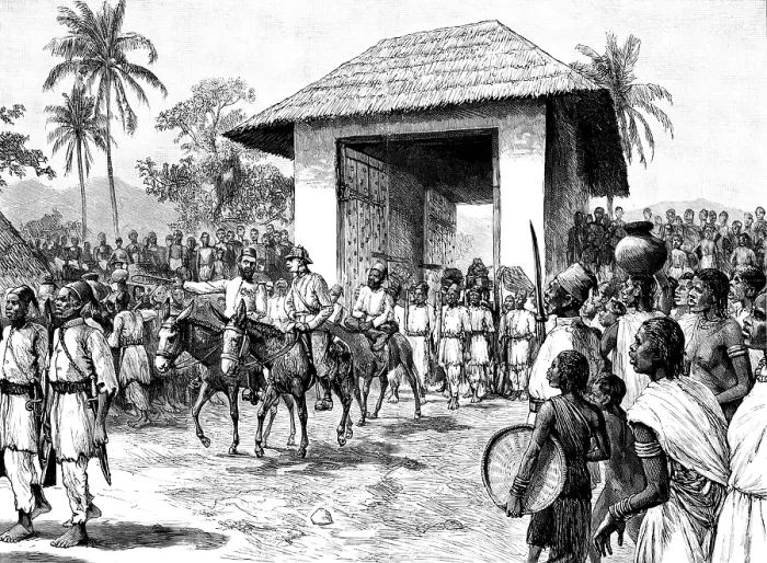 Framed Print : Stanley's Emin Pasha Relief Expedition: entry of Emin Pasha and Mr. Jephson into Dufile... 1890. Creator: Unknown Framed Print : Stanley's Emin Pasha Relief Expedition: entry of Emin Pasha and Mr. Jephson into Dufile... 1890. Creator: Unknown