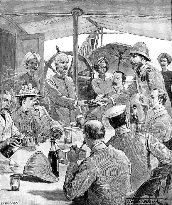 Framed Print : Stanley's Expedition: presentation of the order of Zanzibar, by the British Consul...Mombasa, 1890. Creator: P Naumann Framed Print : Stanley's Expedition: presentation of the order of Zanzibar, by the British Consul...Mombasa, 1890. Creator: P Naumann