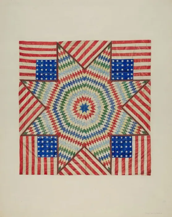 Framed Print : Star and Flag Design Quilt, c. 1941. Creator: Fred Hassebrock Framed Print : Star and Flag Design Quilt, c. 1941. Creator: Fred Hassebrock