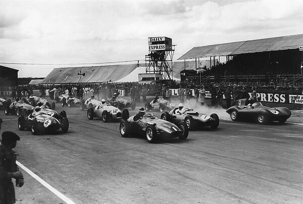 Start of 1955 International Trophy Race at Silverstone, Hawthorn leads in Vanwall