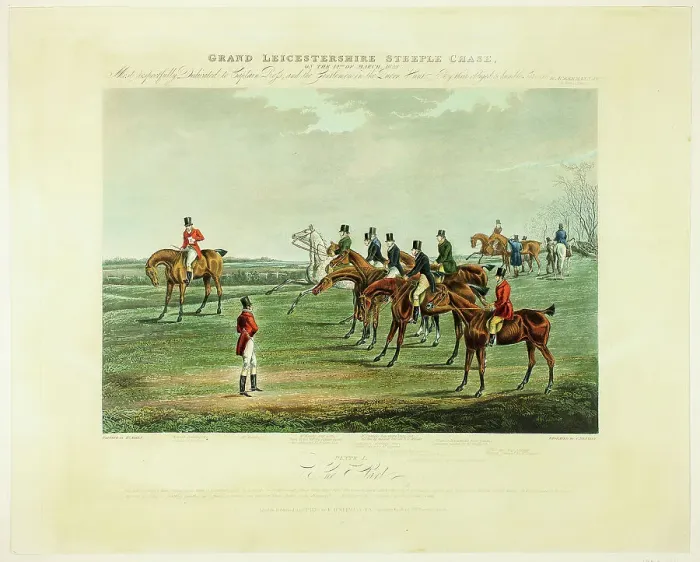 Framed Print : The Start, from The Grand Steeplechase over Leicestershire, published 1830. Creator: Charles Bentley Framed Print : The Start, from The Grand Steeplechase over Leicestershire, published 1830. Creator: Charles Bentley