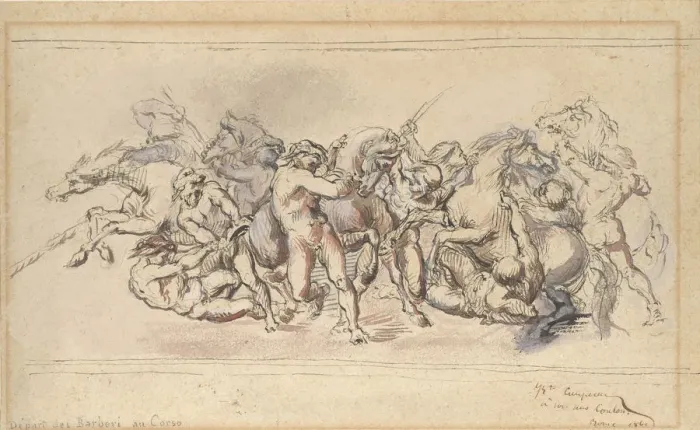 Framed Print : Start of the Race of the Barberi Horses, Rome, 1860. Creator: Jean-Baptiste Carpeaux Framed Print : Start of the Race of the Barberi Horses, Rome, 1860. Creator: Jean-Baptiste Carpeaux
