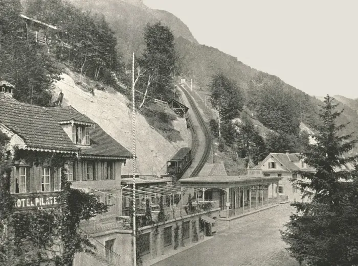 Framed Print : Starting point of the Pilatus Railway, Alpnachstad, Switzerland, 1895. Creator: W &s Ltd Framed Print : Starting point of the Pilatus Railway, Alpnachstad, Switzerland, 1895. Creator: W &s Ltd