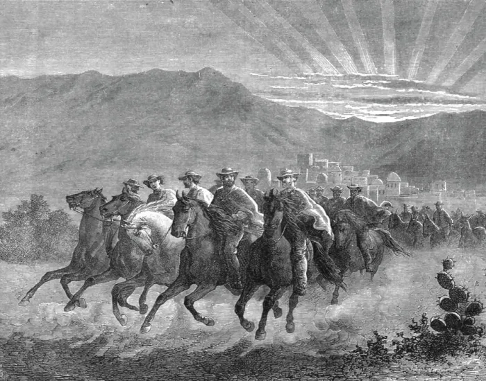 Framed Print : Starting to re-cross the Pampas; Frontier Adventures in the Argentine Republic, 1875. Creator: Unknown Framed Print : Starting to re-cross the Pampas; Frontier Adventures in the Argentine Republic, 1875. Creator: Unknown