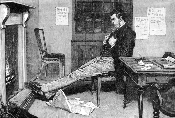 Framed Print : The State of Ireland: a boycotted agent's office - rent day, but no rent, 1881 Framed Print : The State of Ireland: a boycotted agent's office - rent day, but no rent, 1881