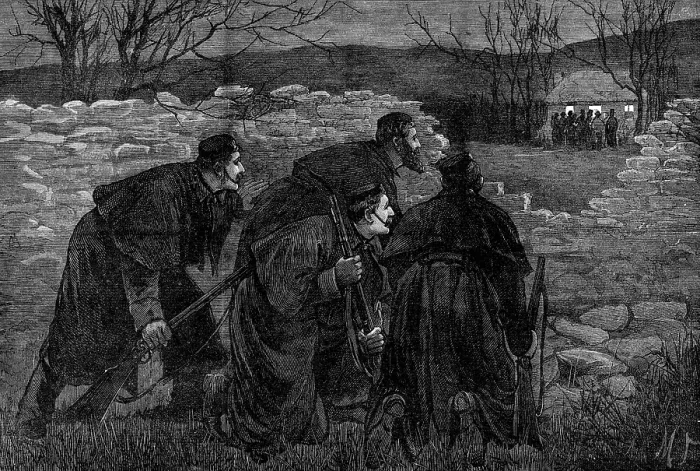 Framed Print : The State of Ireland: 'Captain Moonlight' surprised by a police patrol, 1881. Creator: Unknown Framed Print : The State of Ireland: 'Captain Moonlight' surprised by a police patrol, 1881. Creator: Unknown