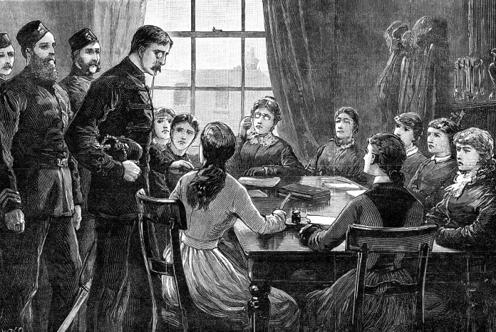 Framed Print : The State of Ireland: dispersing a Ladies Land League Meeting, 1881. Creator: William Heysham Overend. The State of Ireland: dispersing a Ladies Land League Meeting, 1881 Framed Print : The State of Ireland: dispersing a Ladies Land League Meeting, 1881. Creator: William Heysham Overend. The State of Ireland: dispersing a Ladies Land League Meeting, 1881