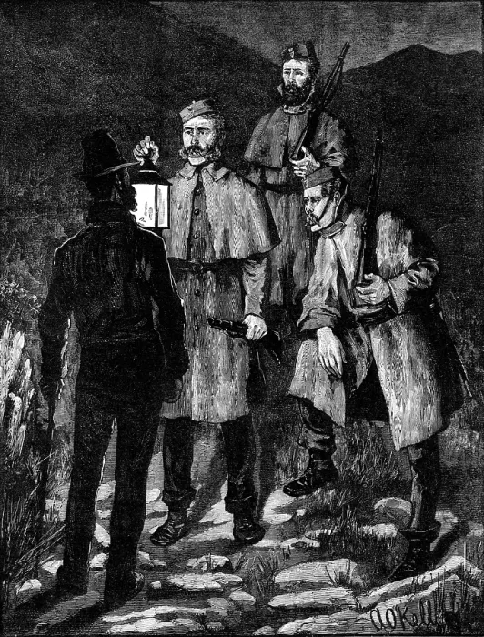 Framed Print : The State of Ireland: police patrol challenging a suspected person, 1881. Creator: Unknown Framed Print : The State of Ireland: police patrol challenging a suspected person, 1881. Creator: Unknown