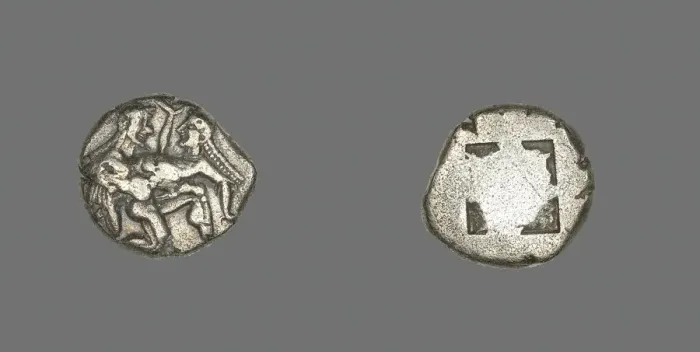 Framed Print : Stater (Coin) Depicting a Satyr and Nymph, 500-463 BCE. Creator: Unknown Framed Print : Stater (Coin) Depicting a Satyr and Nymph, 500-463 BCE. Creator: Unknown