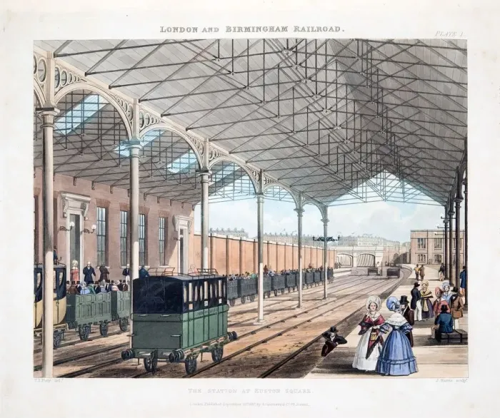 Framed Print : The Station at Euston Square, published 1837 (hand coloured engraving) Framed Print : The Station at Euston Square, published 1837 (hand coloured engraving)