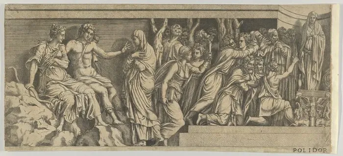 Framed Print : Statue of Niobe and her Worshippers, with Apollo and Diana and other Figures, 1543-47. Creator: Anon Framed Print : Statue of Niobe and her Worshippers, with Apollo and Diana and other Figures, 1543-47. Creator: Anon
