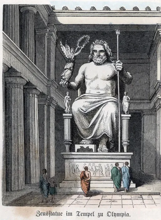 Framed Print : Statue of Olympian Jupiter in a Greek temple. Coloured engraving, 1865 Framed Print : Statue of Olympian Jupiter in a Greek temple. Coloured engraving, 1865