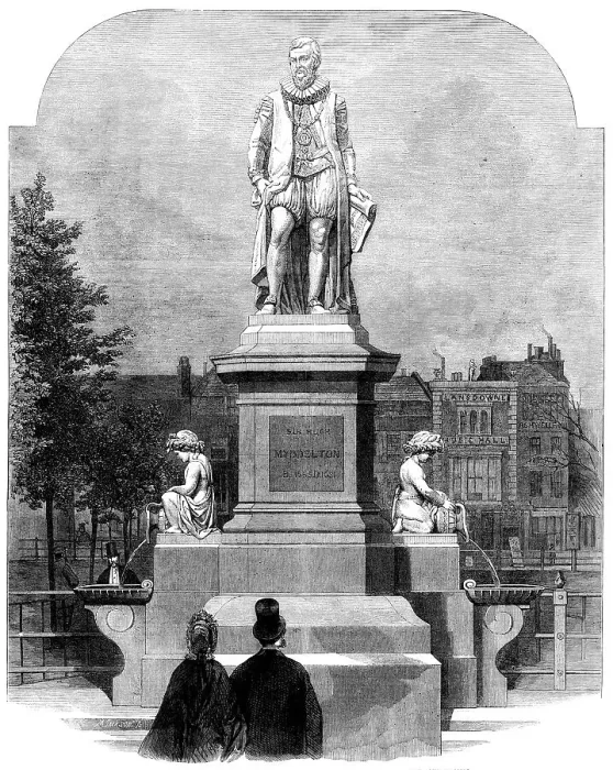 Framed Print : The Statue of Sir Hugh Myddelton at Islington-green, sculptured by the late John Thomas, 1862. Creator: Mason Jackson Framed Print : The Statue of Sir Hugh Myddelton at Islington-green, sculptured by the late John Thomas, 1862. Creator: Mason Jackson
